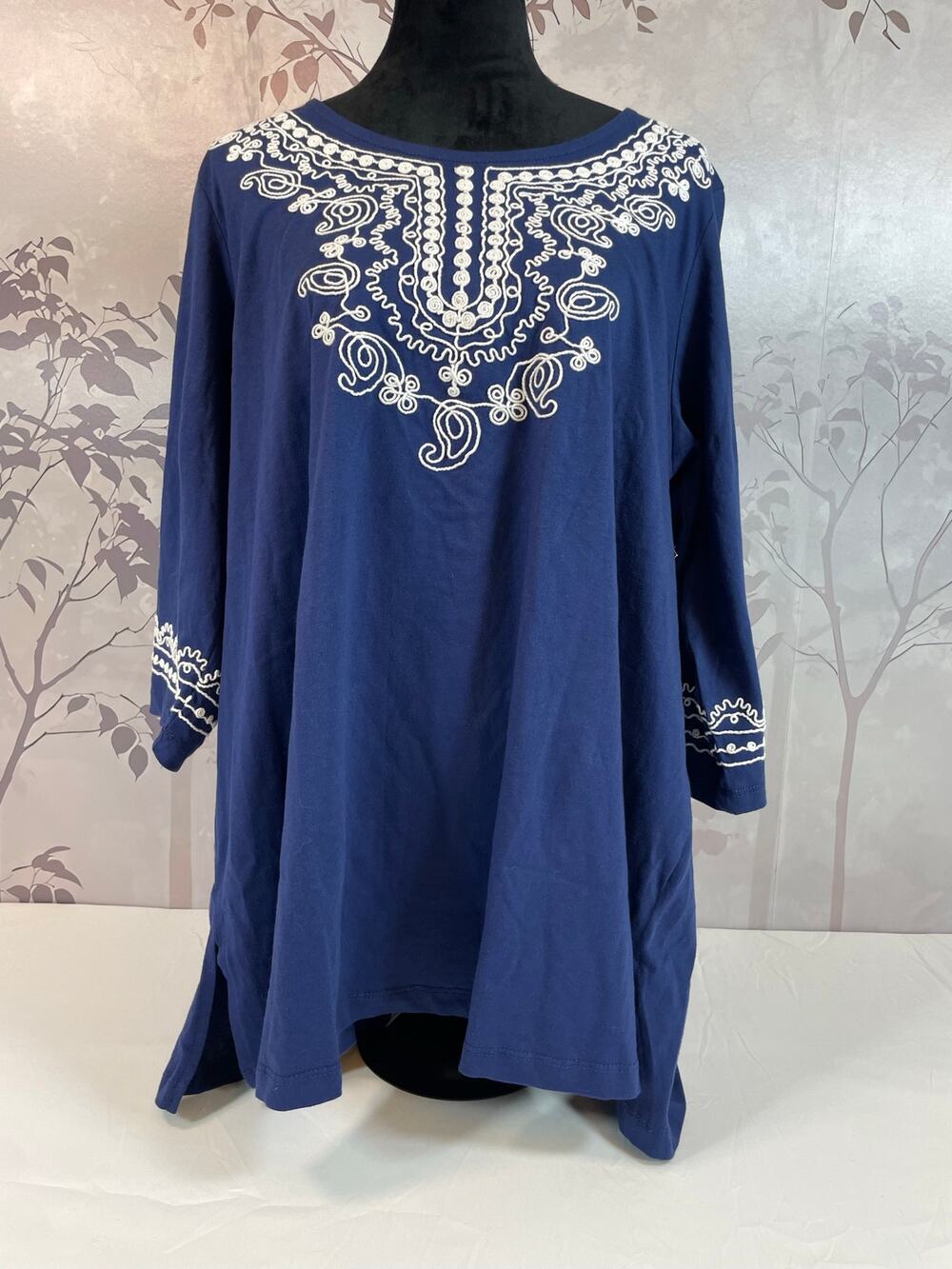 Woman Within Embroidered Tunic Top Blue L 18/20 3/4 Sleeve Boho Cotton Peasant